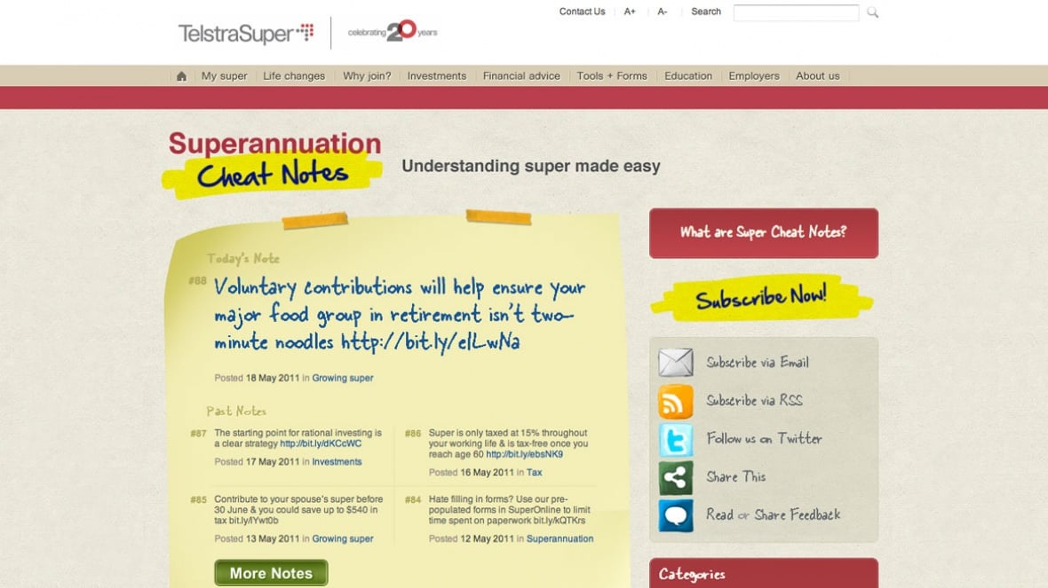 Telstra Super : Superannuation Cheat Sheet Webpage Homepage